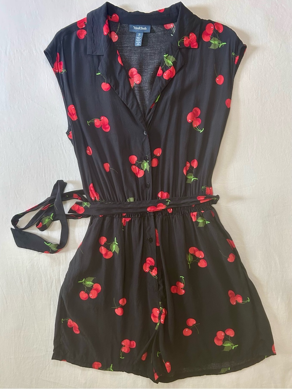 ModCloth Cherry Print Sleeveless Romper Black Retro Pocket Smocked Belted M